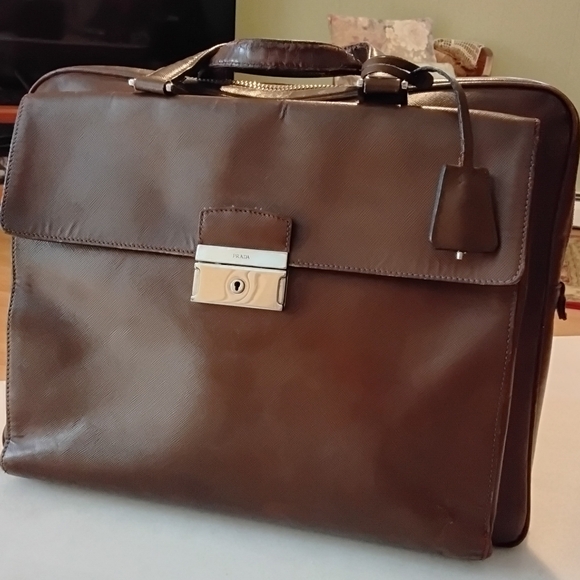 PRADA Leather Briefcase Chocolate Brown Unisex Saffiano VINTAGE - Picture 3 of 17